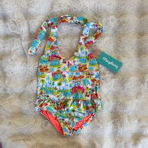 Kids' Floral One-Piece Swimsuit - Blue and Orange